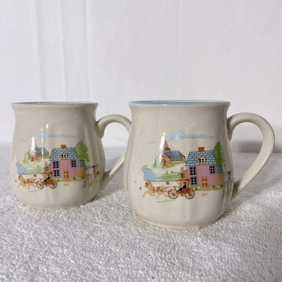 Vintage Korea Stoneware Pottery  Ceramic Homestead Mugs Coffee Cups x2 - Picture 1 of 13